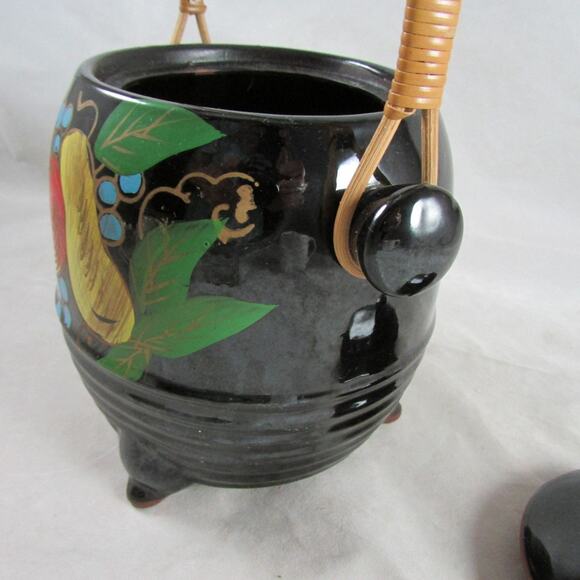 Footed Biscuit Jar Black Glazed Terracotta Fruit Motif Japan Wicker Handle - Picture 7 of 9
